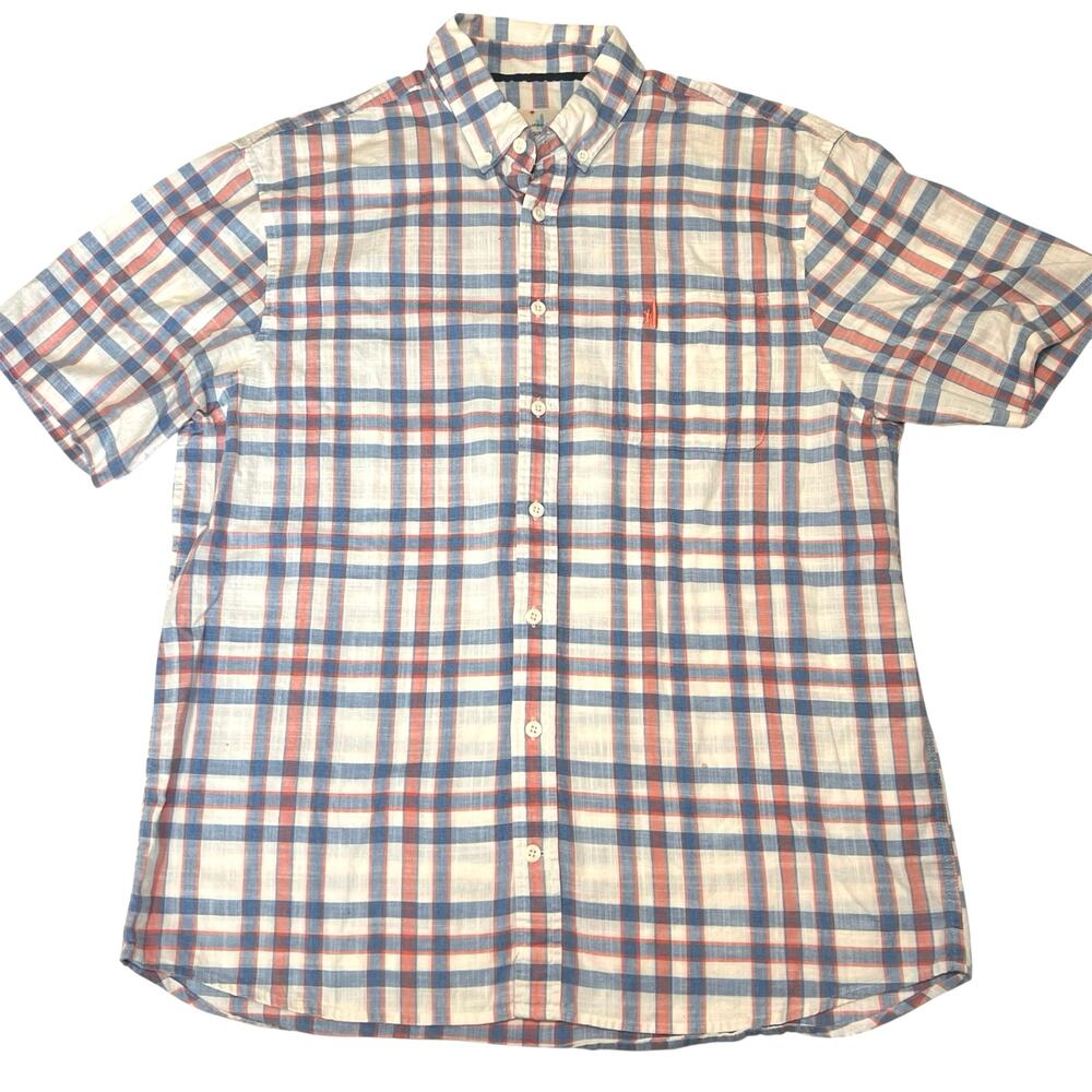 Johnnie-O Shirt Men's Size Large Blue Pink Plaid Button Down Cotton Lightweight